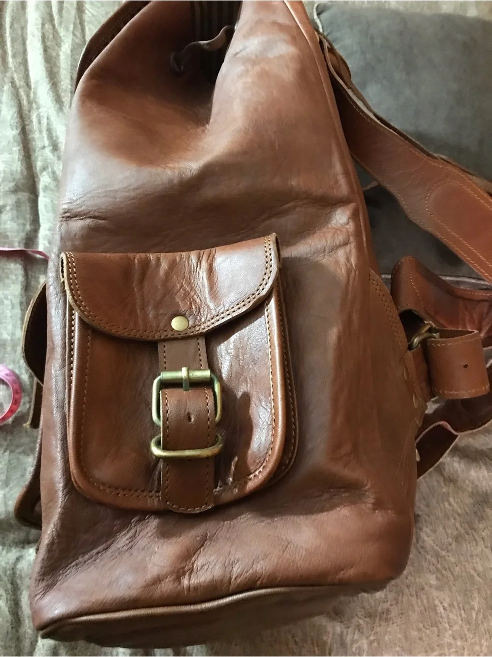 Classic Brown Leather Backpack with Front Buckle Pockets